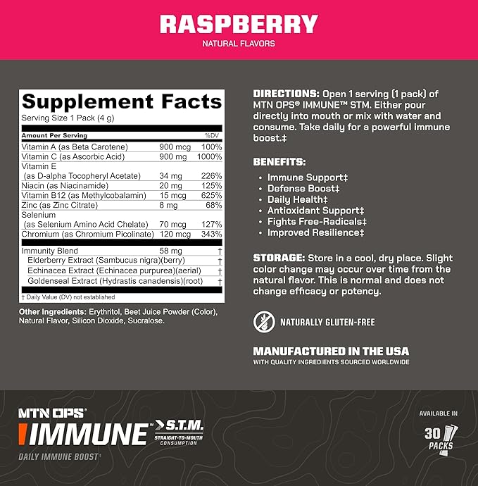 MTN OPS Immune STM Powder Drink Mix Vitamin C Vitamin D Zinc &amp Antioxidants for Daily Immune Support Hydration &amp Wellness 30 Servings Raspberry