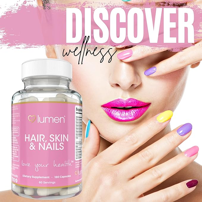 Lumen Naturals Hair Skin &amp Nails for Women – with Biotin Folate Vitamins B6 B12 A C D &amp E – 180 Capsules – 60 Servings – Non-GMO Gluten-Free Sugar Free