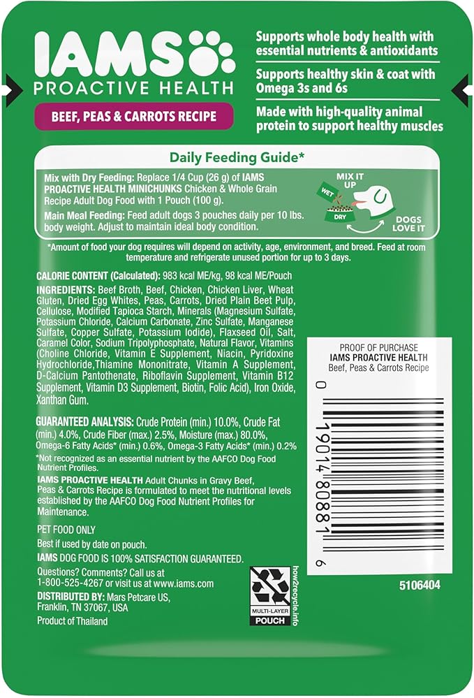 IAMS Proactive Health Adult Wet Dog Food Beef Peas and Carrots Recipe 3.5 oz. Pouch (16 Count Pack of 1)