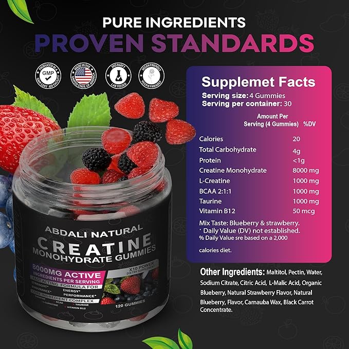 Creatine Gummies 8000mg for Men &amp Women – Pre-Workout Creatine Gummies with L-Taurine BCAA 2:1