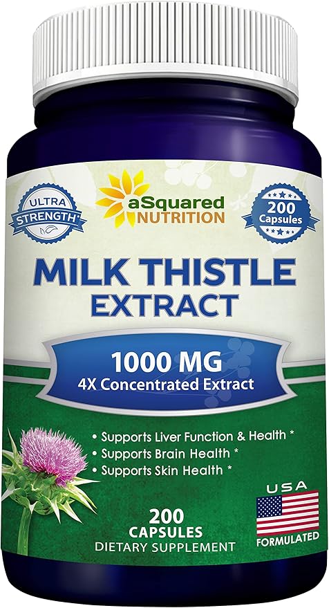 aSquared Nutrition Milk Thistle Supplement - 200 Capsules Max Strength 4X Concentrated Extract 4:1 Milk Thistle Seed Powder Herb Pills Silymarin Extract for Liver Support Cleanse Detox