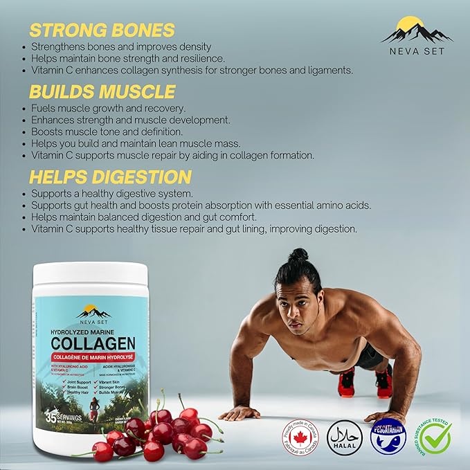 HYDROLYZED Marine Collagen with HYALURONIC Acid &amp Vitamin C – 350g/70 Scoops from NevaSet with Delicious Natural Cherry Flavour. Supports Joints Hair Skin Bones Muscles and Cognitive Functio