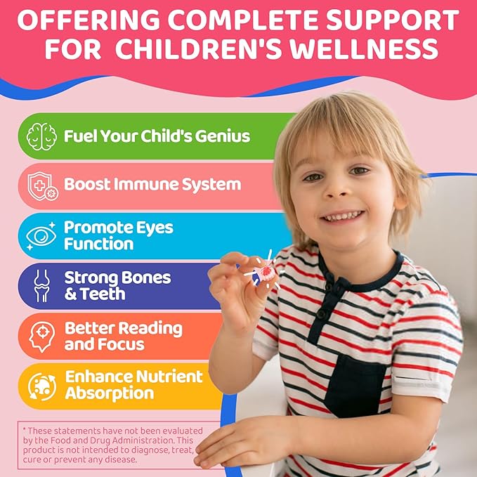 Kids Omega 3 Gummies for 4+ with DHA Vitamins D3 K2 C B6 Methyl B12 Luetin &amp PS No Fish Taste Sugar Free Omega 3 Fish Oil Alternative for Children for Brain Bone Eyes Focus Immunity 120 C