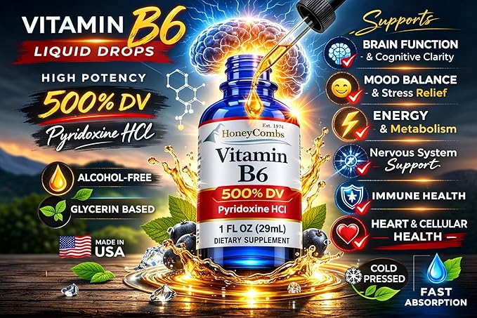 HoneyCombs Vitamin B6 Liquid Drops 500% DV Pyridoxine HCI B6 Supplement Alcohol Free Fast Absorbing B6 Vitamins for Energy Brain &amp Immune Support Made in the USA