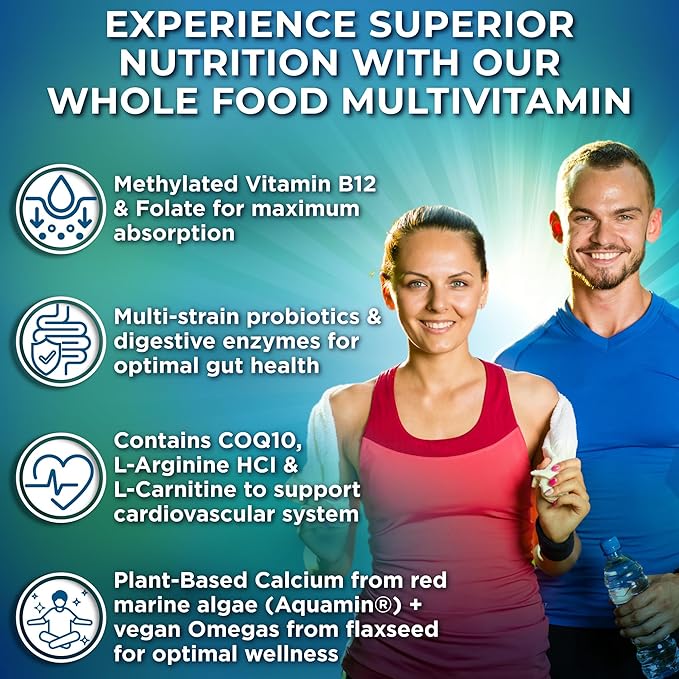 Vegan Whole Food Daily Multivitamin Without Iron Methylated Multivitamin for Women and Men Made with Fruits &amp Vegetables B-Complex Probiotics Enzymes CoQ10 Omegas Turmeric Non-GMO 90 Cou