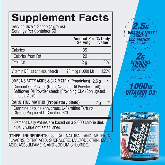 BPI Sports CLA+Carnitine – CLA L Carnitine &amp Linoleic Acid – L Carnitine Supplement for Weight Loss Metabolism &amp Lean Muscle – Caffeine Free – Rainbow Ice – 50 Servings – 12.34 oz