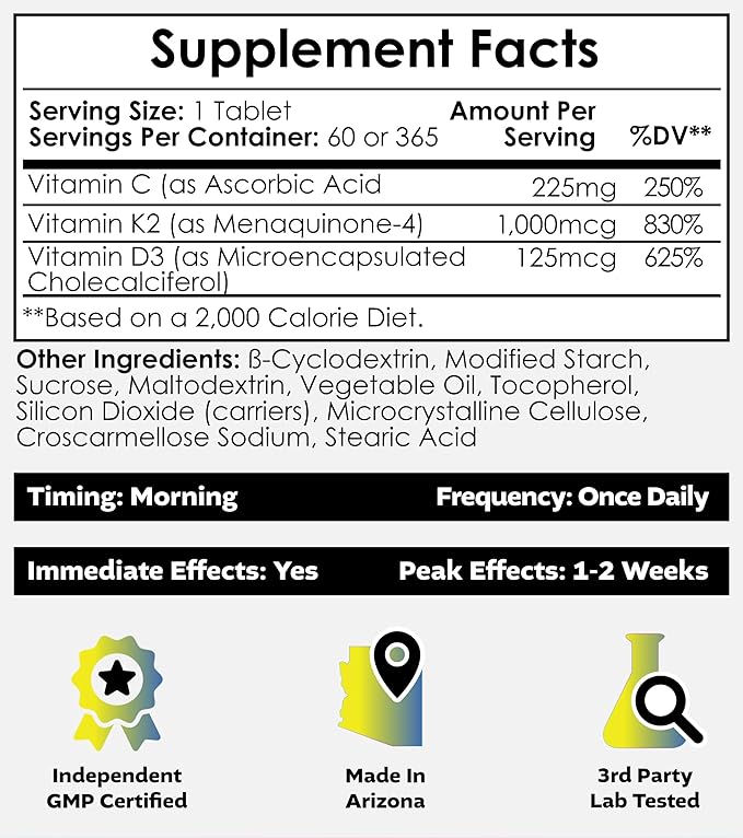 Nootropics Depot Vitamin D3 + K2 with Vitamin C Tablets | 365 Count | Cholecalciferol + Menaquinone-4 (MK-4) | Mood &amp Bone Health | Healthy Calcium Absorption