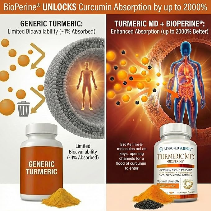 Approved Science Turmeric MD - Turmeric Extract with BioPerine Black Pepper &amp 95% Standardized Turmeric Curcuminoids - 60 Capsules (1 Month Supply)