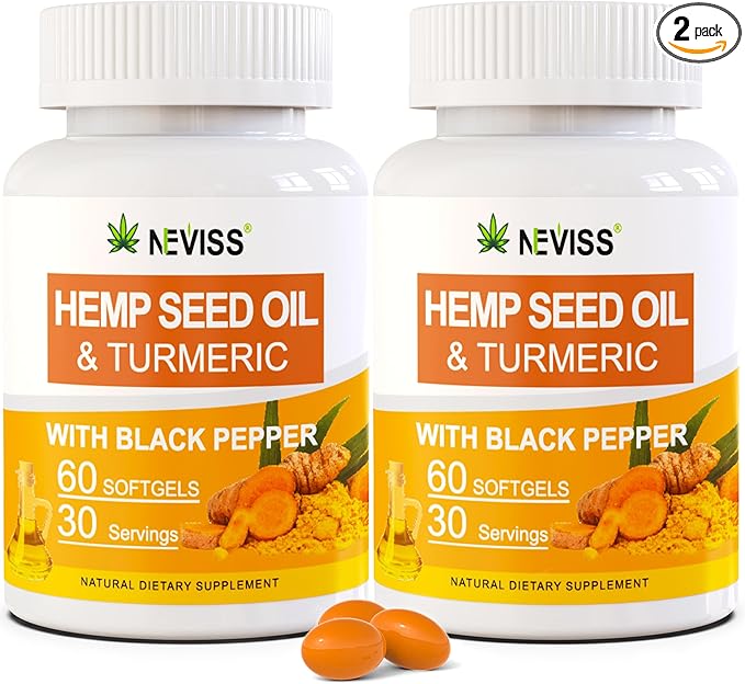 2 Pack Hēmp Oil Capsules with Turmeric - Organic Hēmp Seed Oil Pills with Turmeric Curcumin Black Pepper - Vegan Omega 3 &amp 6 Supplement - Extra Strength &amp Absorption - 120 Softgels