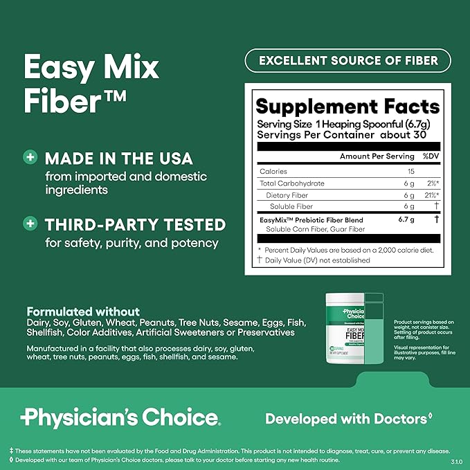 Physician's CHOICE Easy Mix Fiber for Digestive Health &amp Regularity - No Grit Sugar Free &amp Tasteless - Daily Prebiotic Soluble Fiber Powder Supplement for Women and Men - Unflavored - 7.1oz