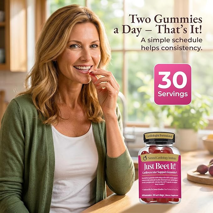 Just Beet It! Beet Root Gummies - Blood Pressure &amp Circulation Support Beet Gummies - Nitric Oxide Booster with CoQ10 &amp Grape Seed Extract - Heart Health &amp Energy for Men &amp Women - 60