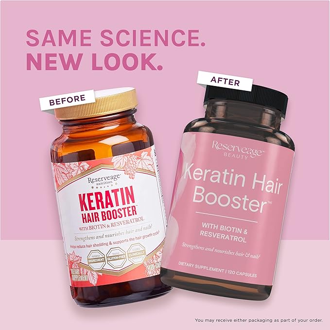 Reserveage Beauty Keratin Hair Booster with Biotin &amp Resveratrol - Hair &amp Nail Growth Supplement for Women - Supports Healthy Thickness &amp Shine with Biotin - 120 Capsules (60 Servings)