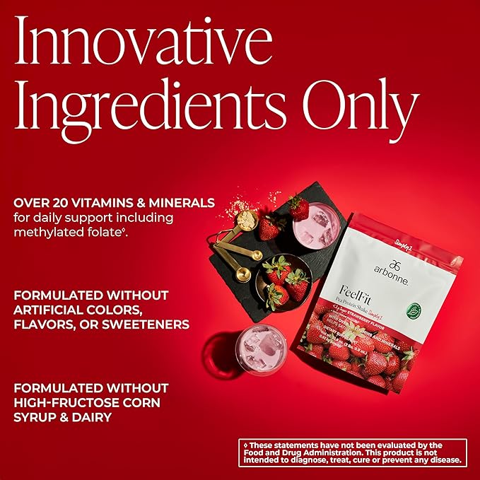 Arbonne FeelFit Pea Protein Powder – Strawberry Flavored Vegan Protein Powder – Plant-Based Nutrition Supplement for Smoothies Shakes &amp Post-Workout Recovery Support – 30 Servings