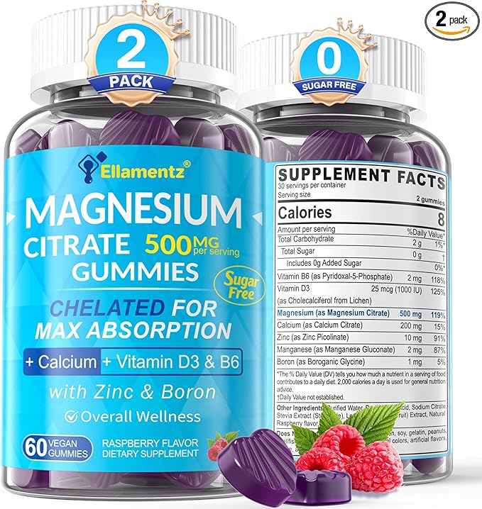 Magnesium Citrate Gummies 500mg for Women Men Sugar Free Magnesium Citrate for Constipation &amp Bloated | Chelated Magnesium Supplement w/ B6 for Mood Calm | Calcium Magnesium for Bone &amp Muscl