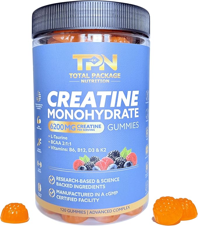 Creatine Monohydrate Gummies 6200mg Creatine plus Taurine BCAA D3 K2 and B Vitamins Best Creatine for Women and Men Pre Workout Gummies Increase Strength Build Muscle Vegan -120 pieces Berry