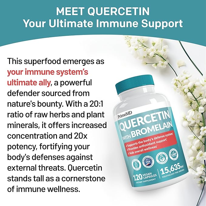 PrimeMD 4-in-1 Calcium Supplements for Women &amp Men or Heart Bone &amp Body Defenses (120 ct) &amp 28-in-1 Quercetin with Bromelain Supplement - Quercetin 500mg Capsules for Immune Defense Suppo