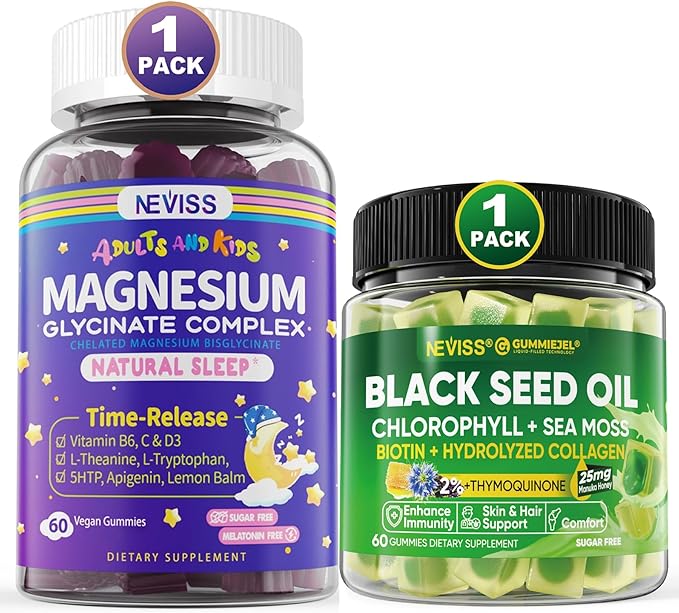 NEVISS Magnesium Glycinate Gummies for Adults &amp Kids + Black Seed Oil Gummies