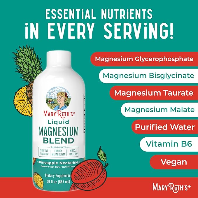 Liquid Magnesium Supplement by MaryRuth's | Magnesium Complex with Magnesium Glycerophosphate + Magnesium Bisglycinate + Taurate + Malate | Ages 4+ | Cognitive Function | Bone Health | Vegan | 30oz