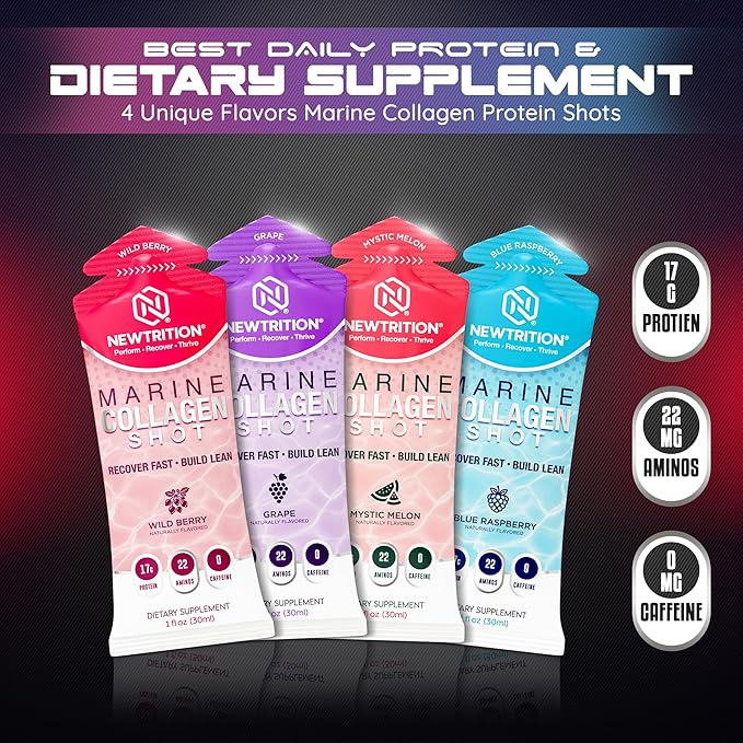 NewTrition® 17000mg Liquid Protein Shots Fast-Absorbing with Hydrolyzed Marine Collagen 22 Amino Acids Vitamin B12 Zero Sugar &amp Caffeine Recovery Marine Collagen Shots - Easy Protein Packets 1