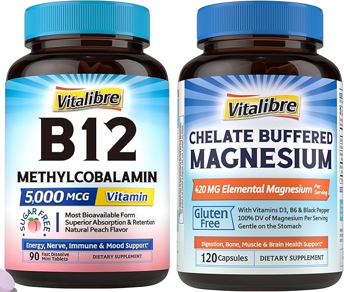 Vitamin B12 Sublingual 5000 mcg 90 Tablets Magnesium Citrate 420mg with Vitamin D3 &amp B6 120 Capsules