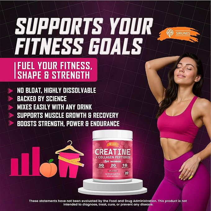 SIRUNES SRUNES Creatine and Collagen for Women – 5g Creatine Monohydrate 2g Collagen Peptides 1g BCAA 2:1:1 – Unflavored Supplement Powder 30 Servings