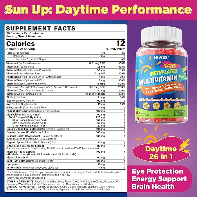 NEVISS AM Methylated Multivitamin Gummies with Iron for Women 26-in-1 Gummy Omega-3 Methylfolate &amp B12 Inositol for Daytime Routine Daily Vitamin Energy Brain Antioxidant Vegan Sugar Fre