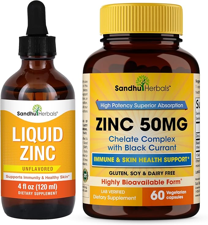 Sandhu Herbals Liquid Zinc Drops 4 Oz &amp Zinc Capsules 60 Count Supplement | Supports Immune and Skin Health| Made in USA