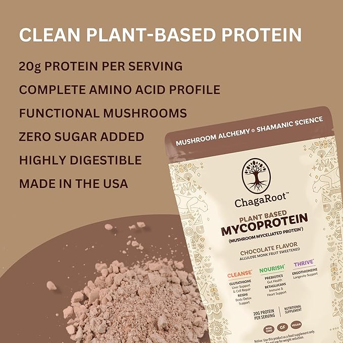 Mycoprotein Mushroom Protein Powder Chocolate Flavor 20g Plant Based Protein per Serving Reishi Chaga Lions Mane Shiitake Turkey Tail Vegan Gluten Free Coffee Smoothies 1.76 lb