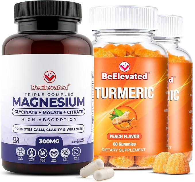 Ginger and Turmeric Supplement Gummies (Pack of 2) Bundle with Triple Magnesium Complex (Pack of 1) – Plant-Based Support for Joints Sleep and Daily Balance – Vegan Non-GMO (3 Items)