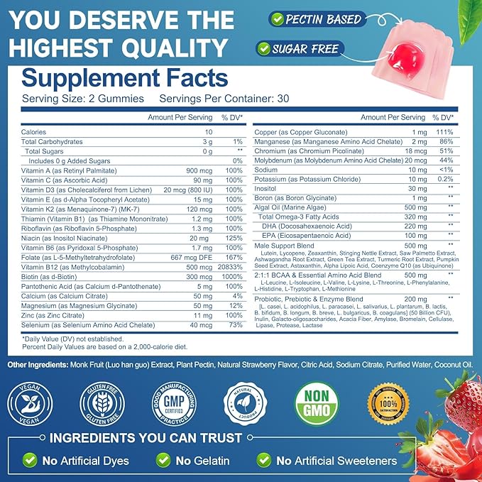 Totaria 2 Packs Sugar Free Multivitamin for Men with Omega 3 Probiotics Mens Multivitamins Gummies w/Methylated B Complex BCAA Lycopene Zinc for Daily Energy Immune Heart Iron Free