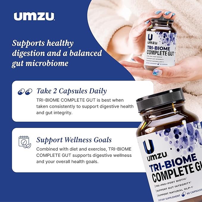 UMZU Tri-Biome Complete (30 Day Supply) – 3 in 1 Probiotic Prebiotic Postbiotic Capsules with Akkermansia and CoreBiome – Probiotic for Adults Gut Balance Stomach Probiotics and Complete Gut Health