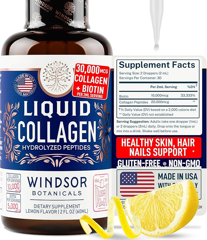 Liquid Collagen Peptides Supplement with Biotin - 30000mcg Hydrolyzed Liquid Collagen for Women plus Biotin Hair Skin Nail Support - Sublingual Direct Drops or in Drinks - Natural Lemon 2 oz