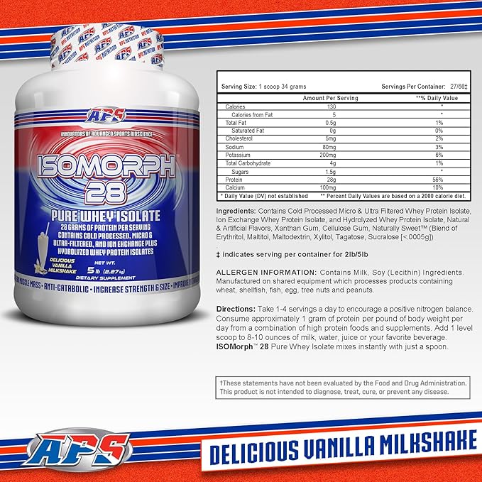 APS Nutrition Isomorph 28 Protein Powder | Pure Whey Isolate | Cold Pressed Ultra- Filtered &amp Ion Exchange Isolates | 28g Protein | 5 Pound (Vanilla Milkshake)