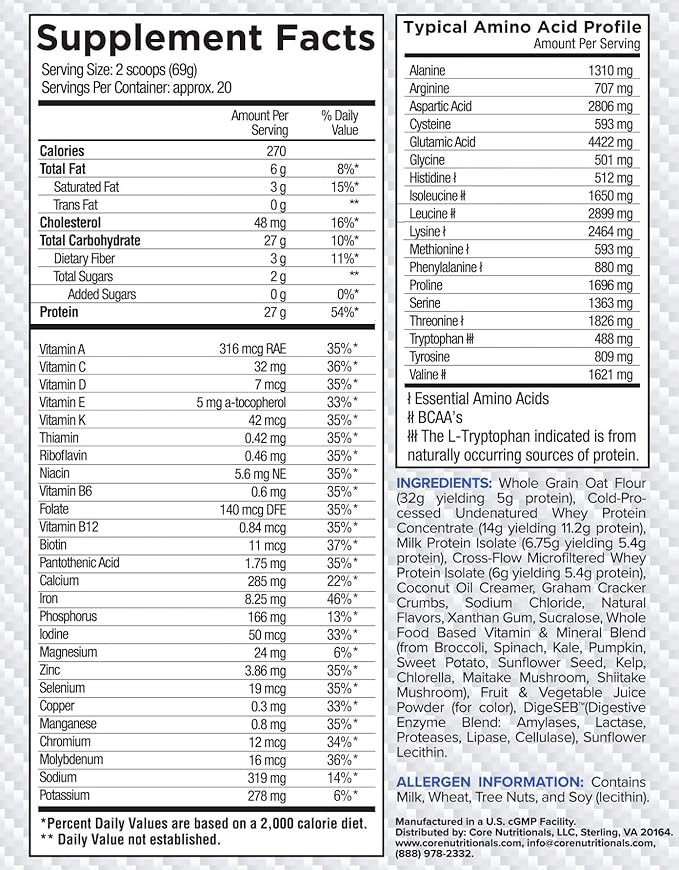 Core Nutritionals MRP Full Spectrum Meal Replacement | Whey Protein Blend + Low Glycemic Carb Blend | 27g Protein | 3 Pound (Blueberry Crumb Cake)