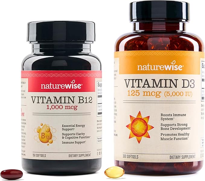 NatureWise Vitamin B12 1000 mcg 150 Softgels &amp Vitamin D3 5000iu 360 Mini Softgels for Energy Mental Clarity Bone &amp Muscle Support