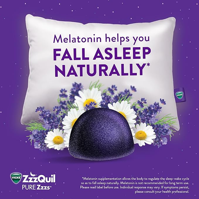 ZzzQuil Pure Zzzs Melatonin Sleep Aid Gummies with Lavender Valerian Root and Chamomile Natural Wildberry Vanilla Flavor Non-Habit Forming Drug-Free 24 Gummies (Pack of 4)