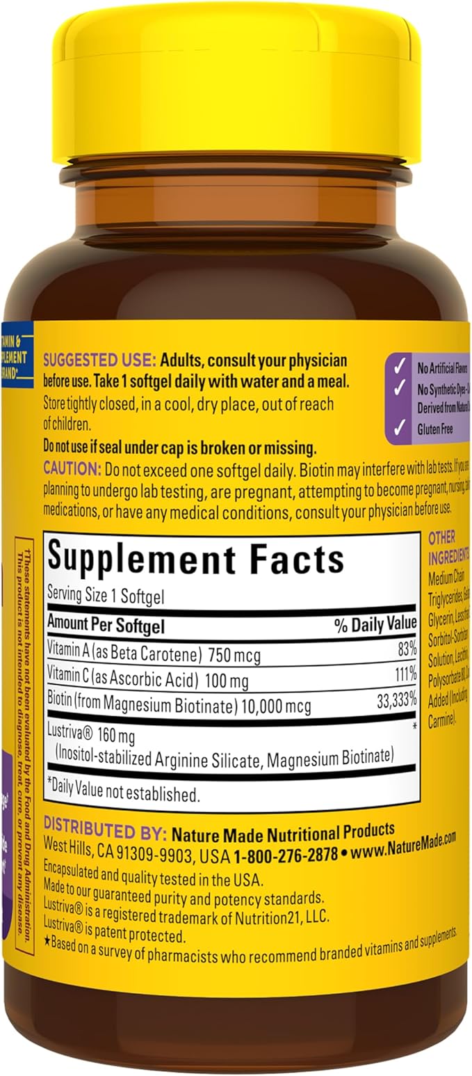Nature Made Hair Growth Softgels Clinically Studied Lustriva + Biotin Vitamin C &amp A Hair Growth Vitamins - Support Healthy Hair as You Age 30 Softgels 30 Day Supply