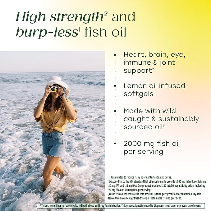 MegaFood 2000mg Fish Oil Omega 3 Supplements - Burp-Less &amp Lemon Oil Infused - Heart Brain Eye Joint &amp Immune Support Supplement - 1200mg EPA &amp DHA Per Serving - 90 Softgels 45 Serving