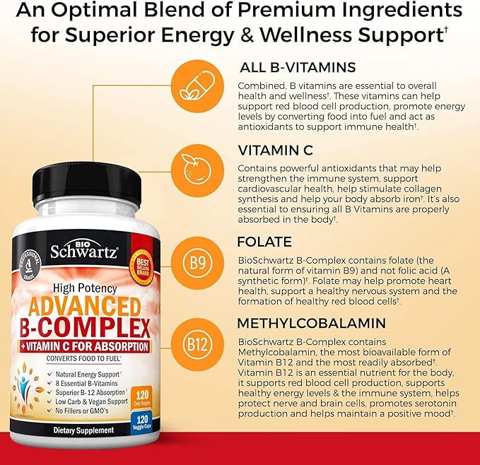 Vitamin B Complex with Vitamin C (4 Month Supply) Plus High Absorption Magnesium Bisglycinate Capsules (4 Month Supply)