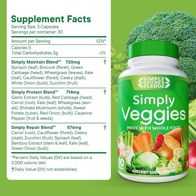 Simply Nature's Pledge - 90 Veggie Capsules- 2 Month Supply - Made with Whole Food Superfoods Packed with Beta Carotene &amp 18 Different Vegetables - 100% Soy Free