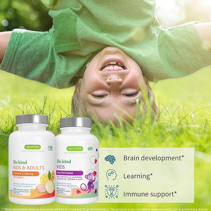 Igennus Methylated Kids Multivitamin Gummy + Gentle Buffered Vitamin C Chewable 500mg Kids Brain &amp Immunity Bundle 4y+ with B-Vitamins &amp Vitamin D + Sugar Free &amp Vegan
