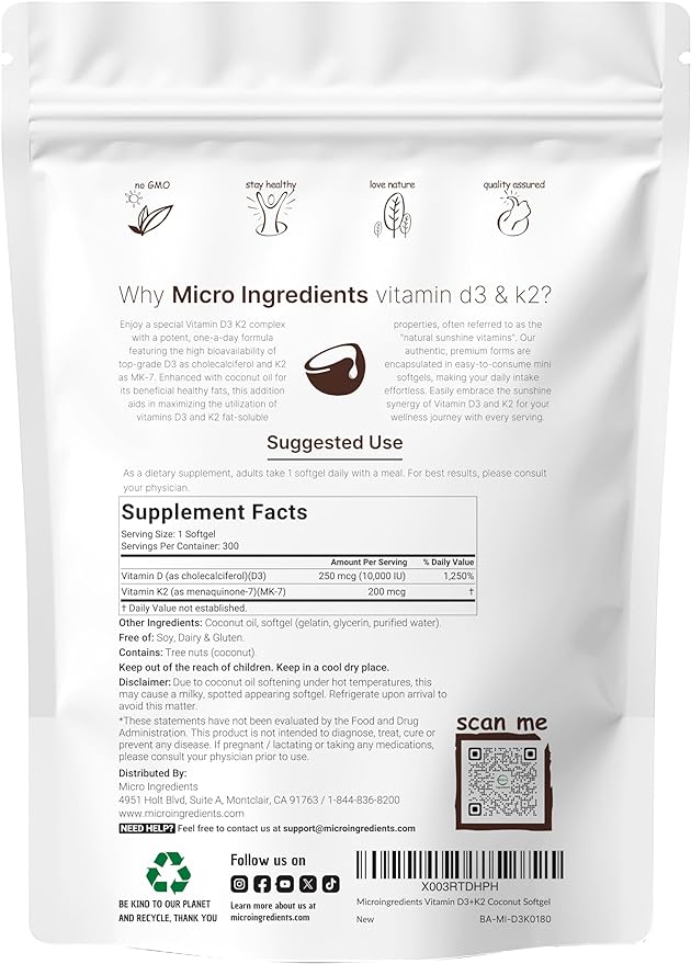 Micro Ingredients Vitamin D3 10000iu + K2 200mcg &amp CoQ10 100mg Bundle 2 Pack | Essential Sunshine Vitamins | High Absorption Ubiquinone