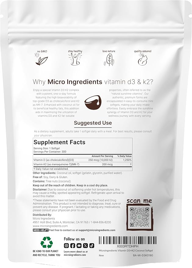 Micro Ingredients Vitamin D3 10000iu + K2 200mcg Softgels &amp Pure Triple Magnesium Complex 400mg Capsules | 2 Pack Bundle | Essential D &amp K Sunshine Vitamins | Glycinate Malate &amp Taurate