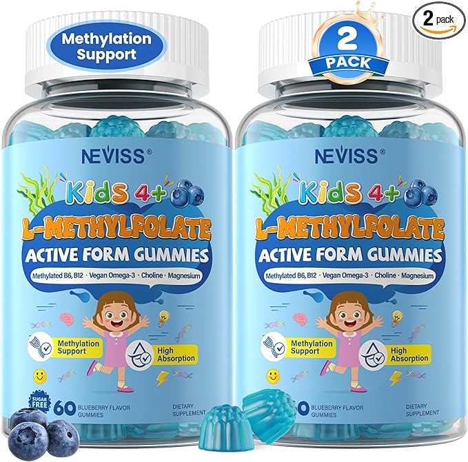 L Methylfolate 1000mcg for Kids Teens Gummies + Methyl B6 B12 Active 5-Mthf Methyl Folate MTHFR Supplement w/ Choline Omega-3 Magnesium Zinc for Focus Cognition Mood Energy Sugar Free Vean 120Cts