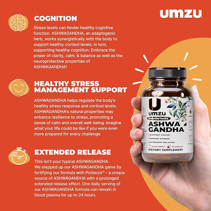 UMZU Ashwagandha 30 Day Supply – Advanced Stress Support Supplement with Prolanza Extended Release – Naturally Supports Healthy Stress Response Mood Calmness Cognitive Function and Daily Balance