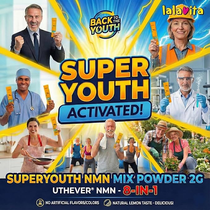 SuperYouth NMN Mix Powder Supplement 8-in-1 60 Stick Packs 2g per Pack Longevity Formula with Resveratrol Fisetin CoQ10 Quercetin Spermidine Natural Lemon Flavor 4.23 oz Total