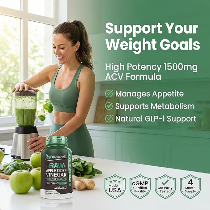Herbtonics Raw Apple Cider Vinegar Capsules 1500mg with Mother | Weight Management Detox &amp Digestion Formula with GLP-1 Support | Unfiltered ACV for Metabolic Support | 240 Vegan Capsules