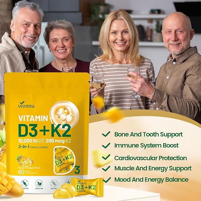 Vitamin D3 K2 Gummies D3 10000 IU &amp MK7-200 mcg 2 in 1 Vitamins D &amp K Complex | Vitamina D3 con K2 | Supports Calcium Absorption Bone Immune &amp Heart Health Easy to Carry and use (120