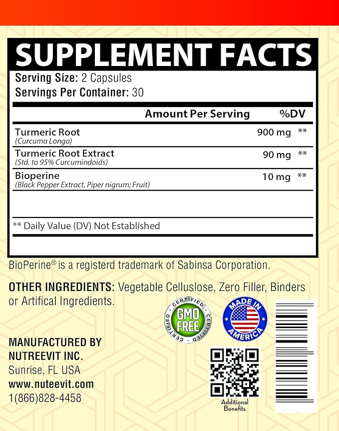 NutreeVit Pure Turmeric Curcumin - High Potency Turmeric 500mg