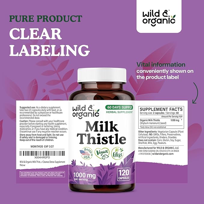 Wild &amp Organic Milk Thistle Capsules 1000mg - Liver Detox Cleanse - Silymarin Milk Thistle Supplement for Liver Support - 120 Vegan Capsules - 2-Month Supply - No Fillers Non-GMO
